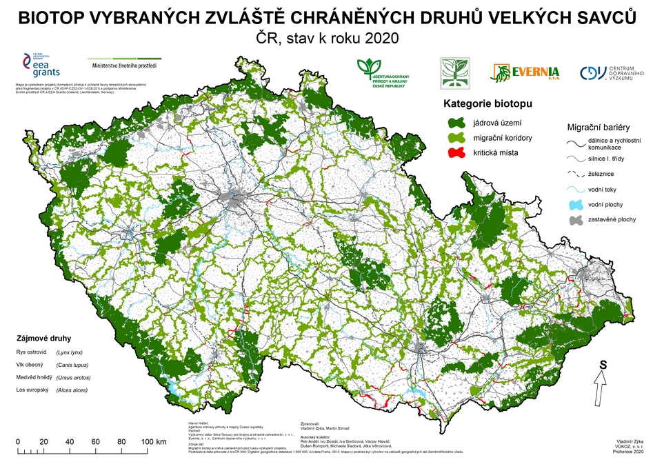 Mapa biotopu zvláště chráněných druhů velkých savců k roku 2020; zdroj: AOPK