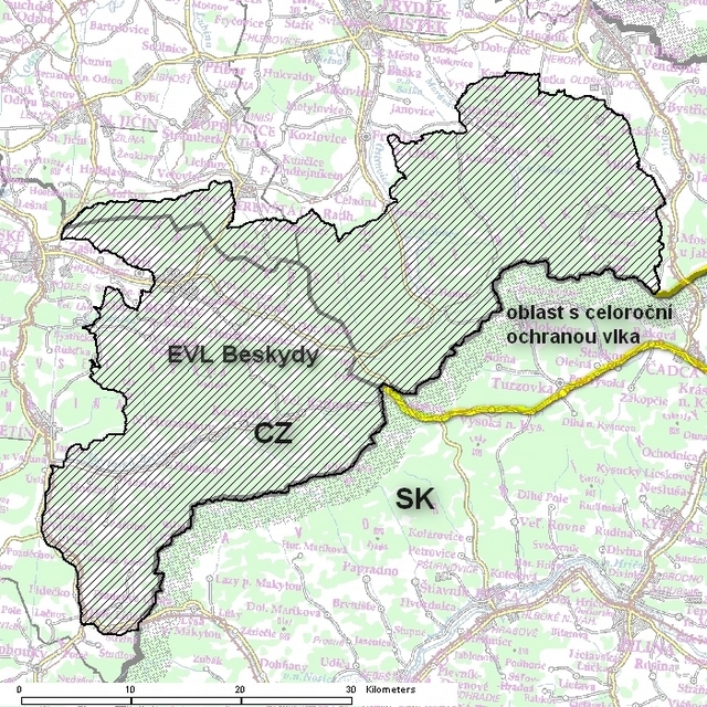 hranice EVL Beskydy a území s celoroční ochranou vlka na SK