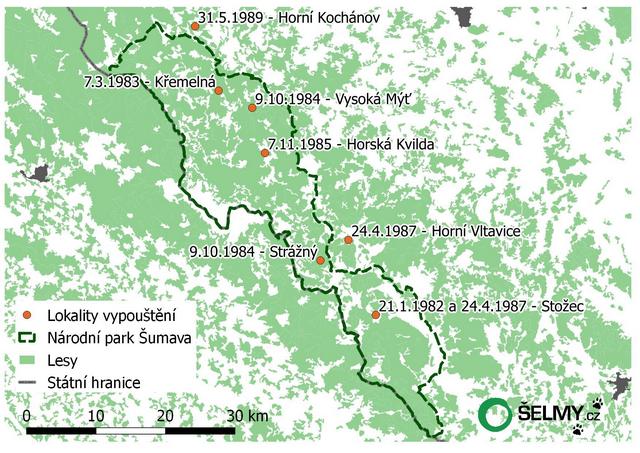 Mapa ukazující místa vypouštění rysů na české straně Šumavy. Zdroj: šelmy.cz