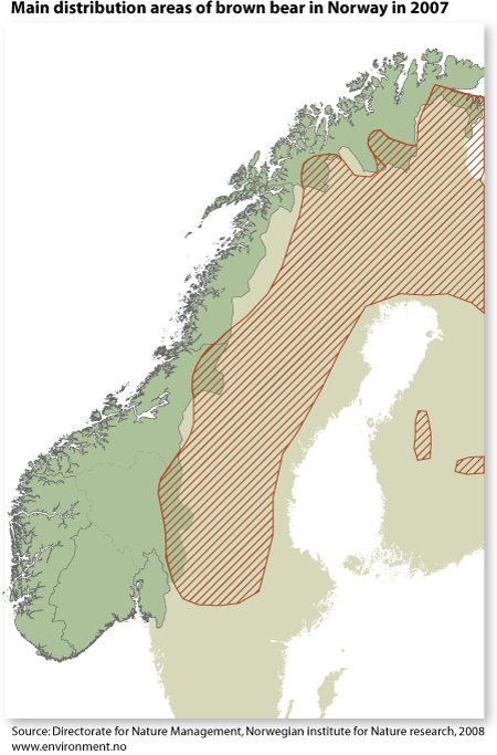 Mapa rozšíření medvěda hnědého ve Skandinávii. Zdroj: www.environment.no 