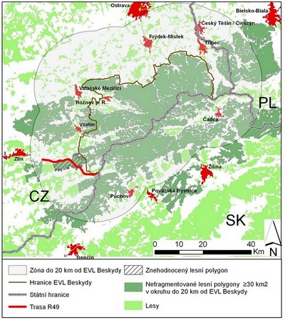 nefragmentované lesní celky do 20 km od CHKO Beskydy