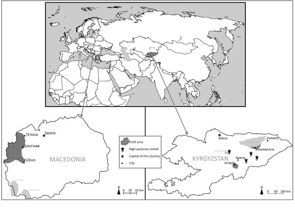 Oblasti výzkumu v Makedonii a Kyrgyzstánu. Zdroj: http://www.pastoralismjournal.com