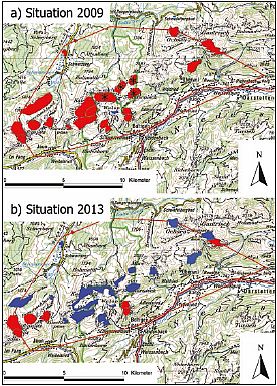 Mapa chráněných stád v letech 2009 a 2013. Chráněná stáda jsou modrá, nechráněná červená.