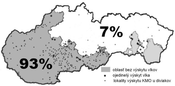 1994 - 1998: Bílá plocha na mapě je oblastí s trvalým výskytem vlka, šedě bez trv. výskytu vlka. Malé tečky představují lokality výskytu moru divokých prasat (93 % v oblasti bez trvalého výskytu vlků, 7 % v oblasti s trvalým výskytem vlků).