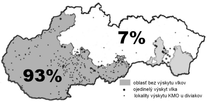 Mapa rozšírenia klasického moru ošípaných u diviakov a rozšírenia vlkov v SR v rokoch 1994-1998