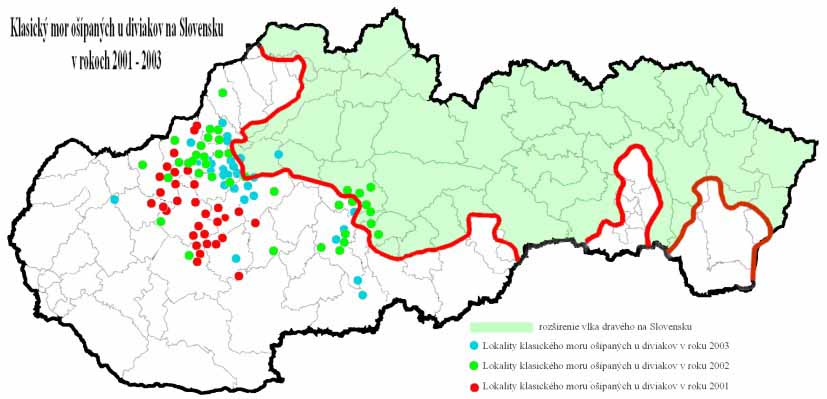 Mapa rozšírenia klasického moru ošípaných u diviakov a rozšírenia vlkov v SR v rokoch 2001-2003