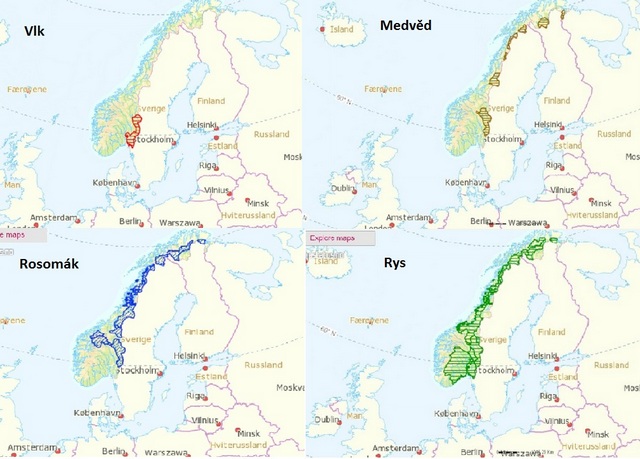 Oblasti vymezené pro ochranu vlka, medvěda, rosomáka a rysa v Norsku. Zdroj: environment.no.