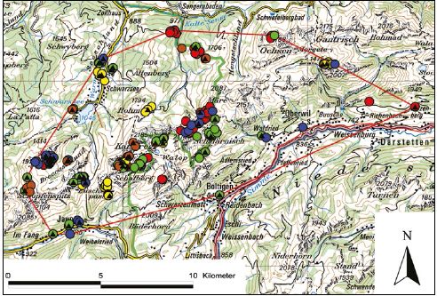 Mapa útoků vlků na hospodářská stáda v SZ Švýcarsku
