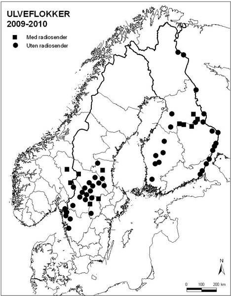Mapa výskytu vlků ve Švédsku. Med radiosender = s telemetrickým obojkem, Utenradiosender = bez obojku. Zdroj: http://www.lausitz-wolf.de 