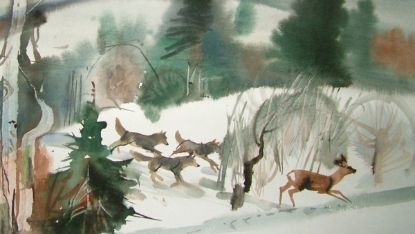 kresba Ludvíka Kunce - lovící vlčí smečka