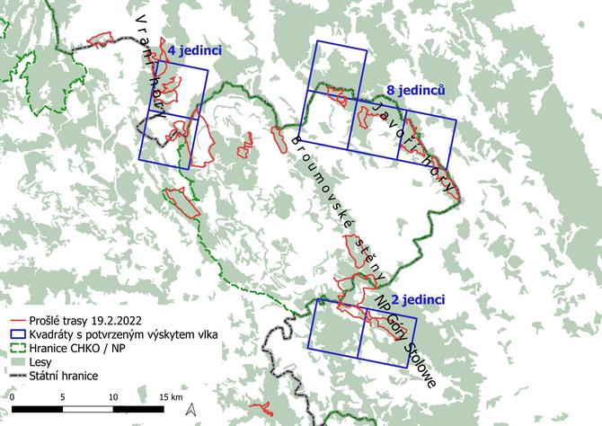Mapa transektů a nálezů; mapování Broumovsko 19.2.2022; zdroj: Hnutí DUHA