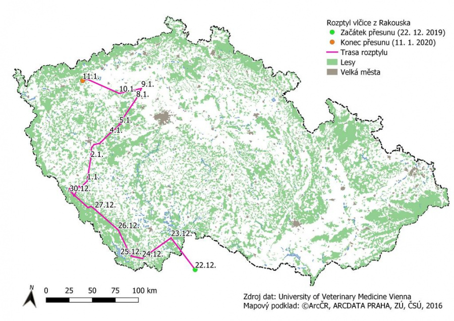 Mapa přechodu vlčice z Rakouska do Doupovských hor kolem Brd; zdroj: Hnutí DUHA Olomouc