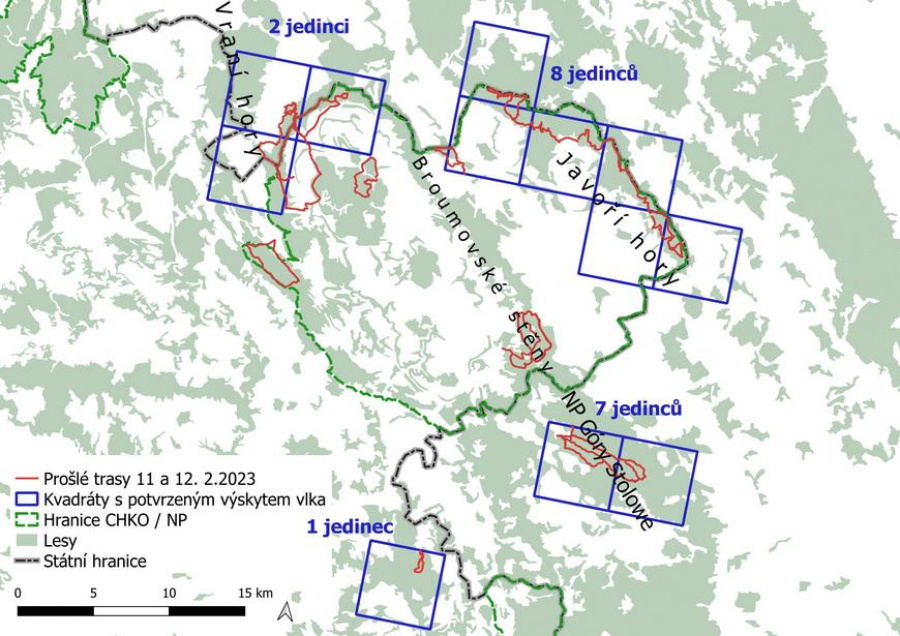 Prošlé trasy a nálezy vlka obecného během celoplošného mapování vlků na Broumovsku 11. - 12. 2. 2023