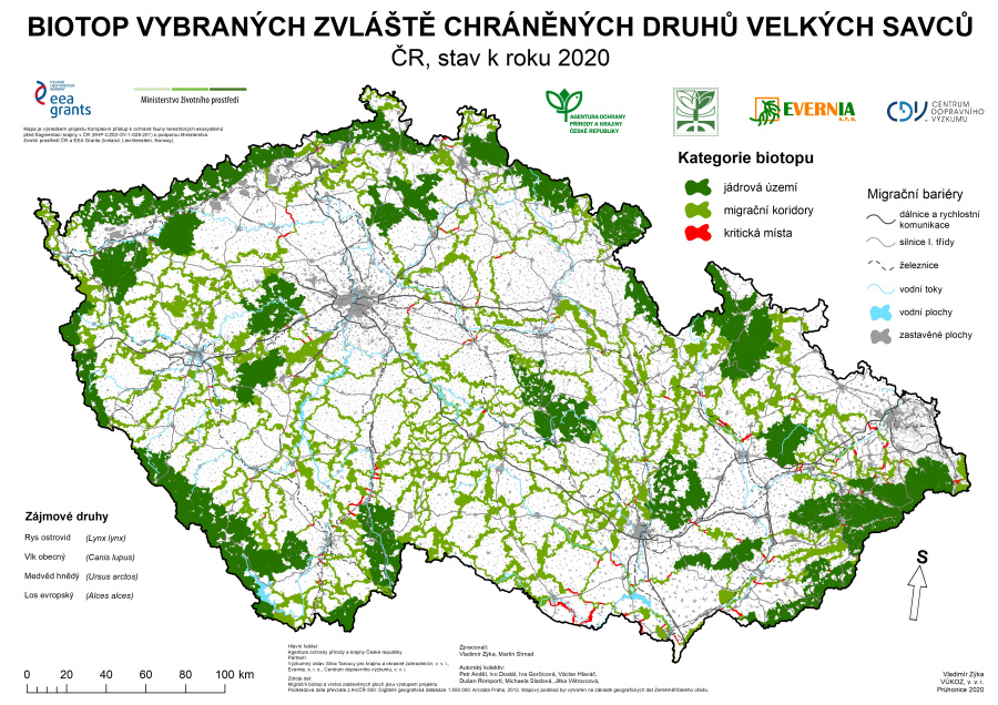 Biotop vybraných zvláště chráněných druhů velkých savců; zdroj: AOPK ČR