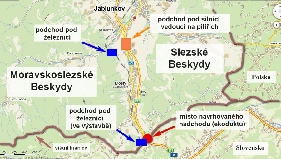 mapa okolí Jablunkovského průsmyku